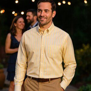 LL Bean Mens Dress Shirt 15.5/34 Yellow Striped No Wrinkles 100% Cotton NWT